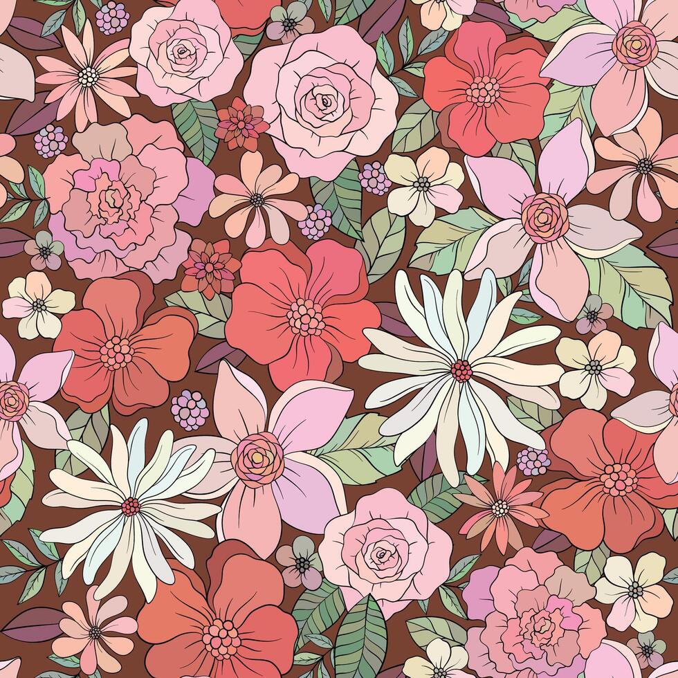 Seamless floral pattern, print with wild flowers. Hand drawn botanical design with small flowers and leaves vector