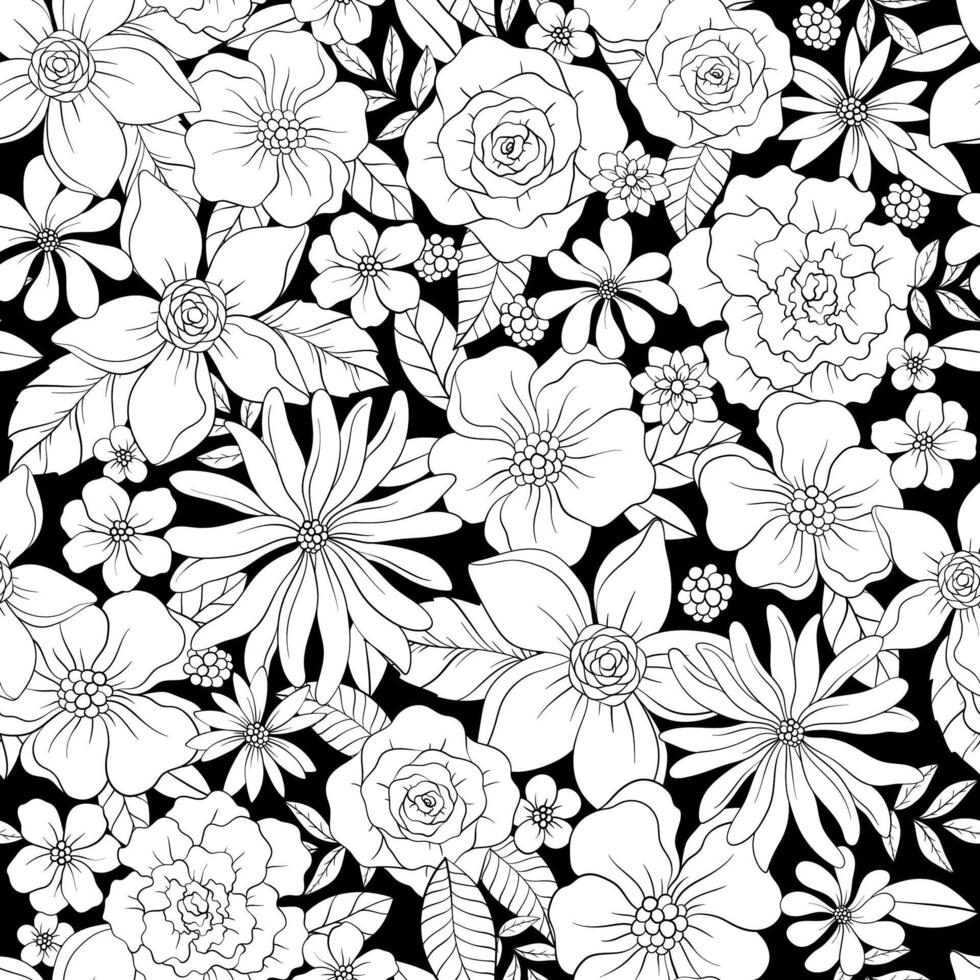 Seamless floral pattern, print with wild flowers. Hand drawn botanical design with small flowers and leaves, black and white. vector