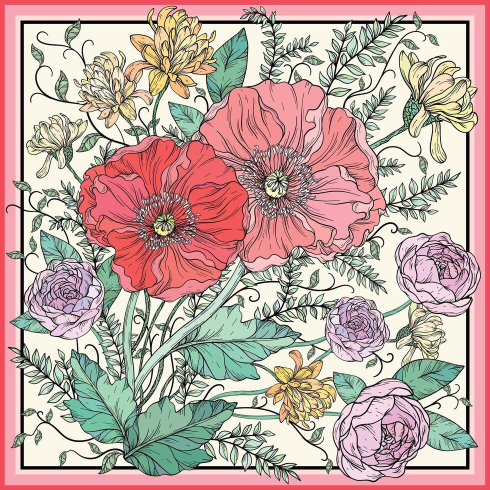 Vintage floral design. Illustration with red Poppies and roses, summer flowers. Floral design. vector