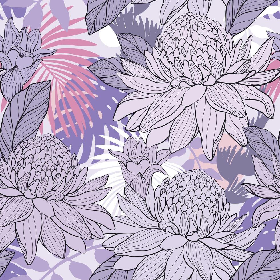 Seamless pattern with tropical plants. Torch ginger Etlingera elatior flowers, abstract hand drawning style. vector
