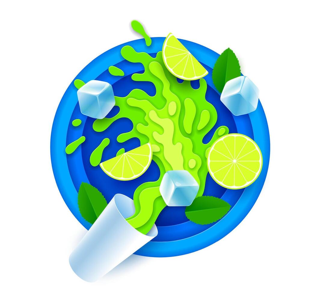 Paper cut mojito juice splash with ice and leaves vector