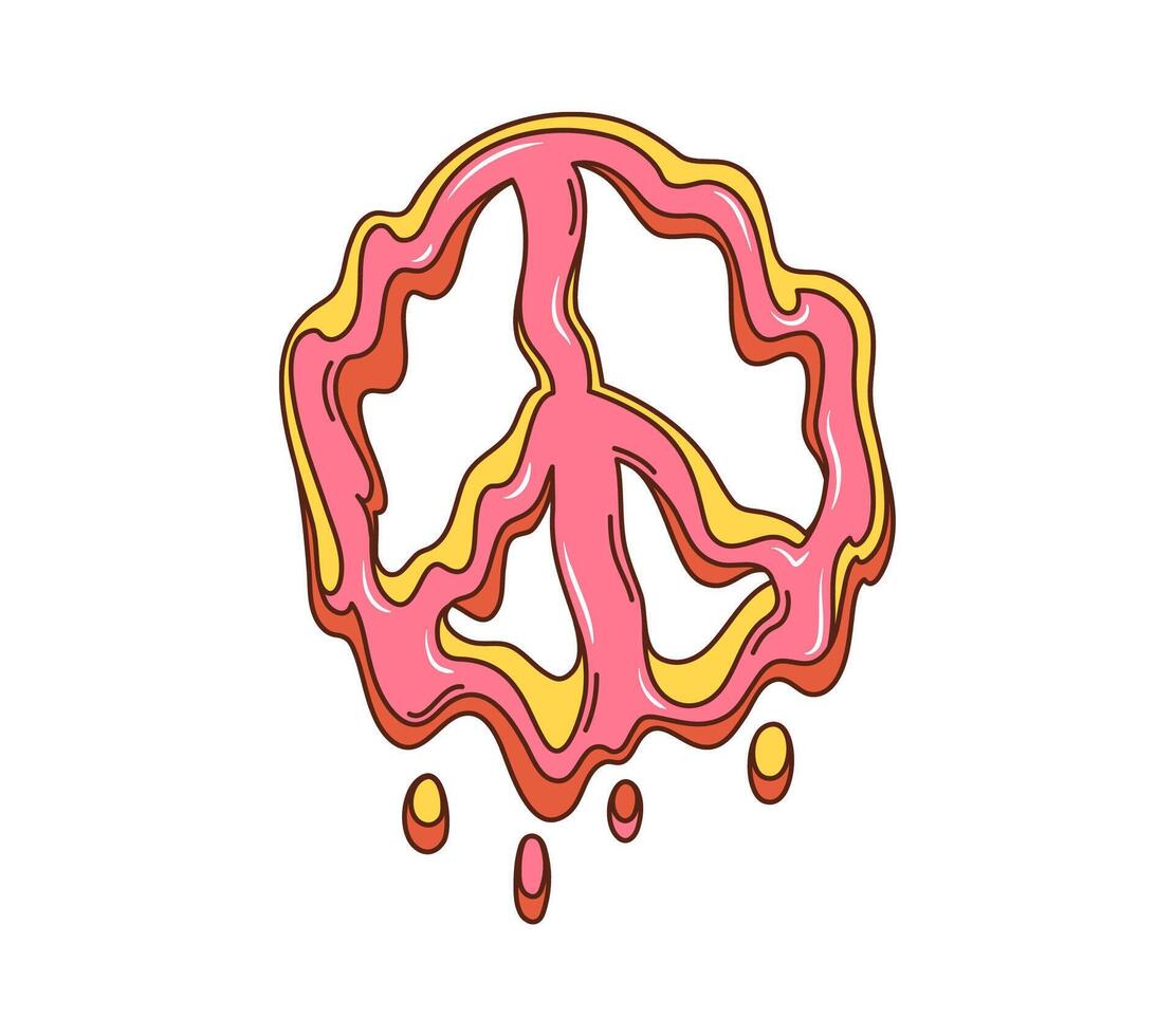 Groovy cartoon retro melted peace sign, 70s hippie vector