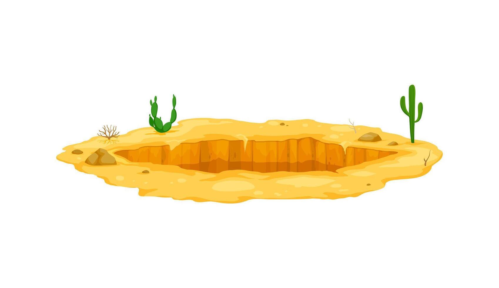 Ground hole, deep dirty pit in the desert sands vector
