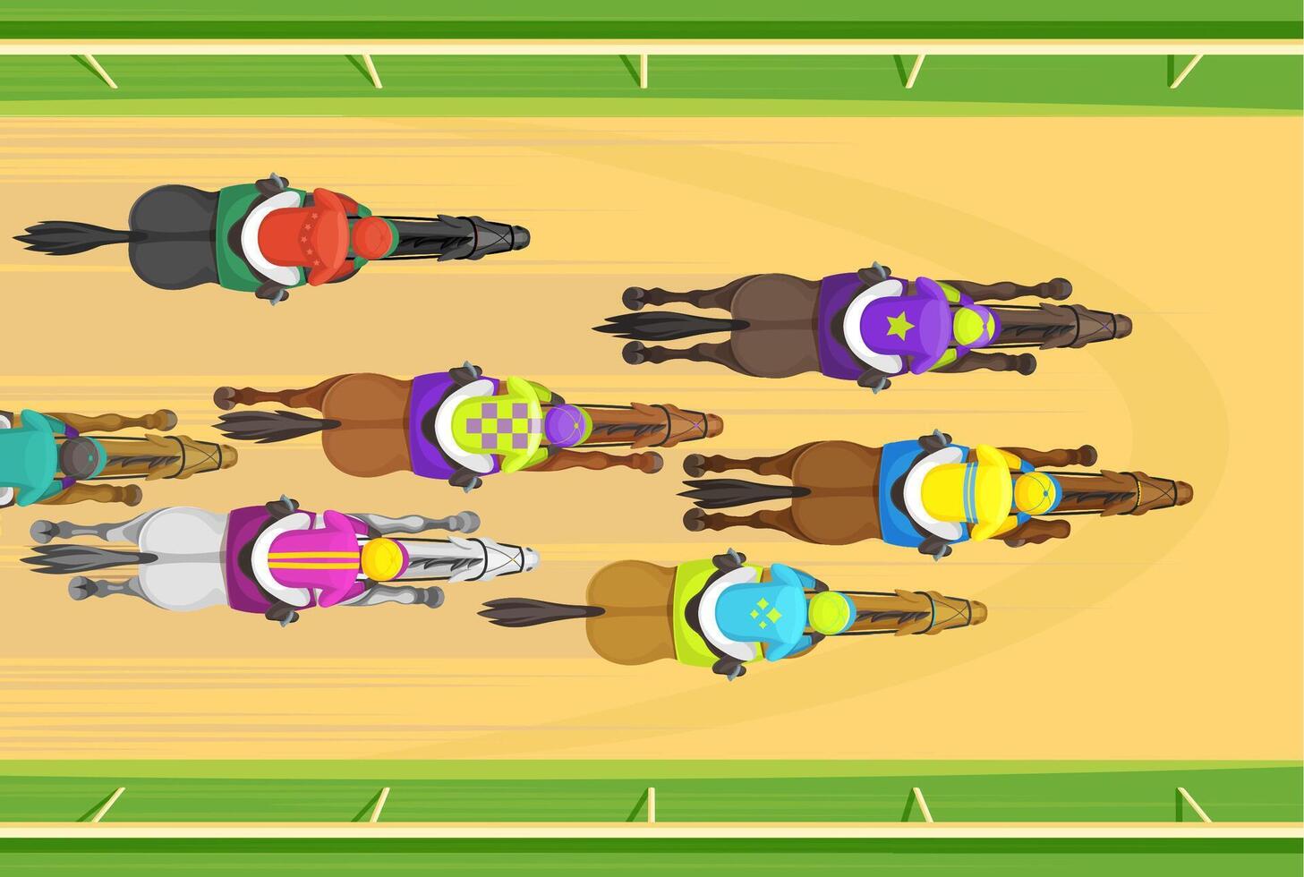 Horse race top view, jockeys and their stallions vector