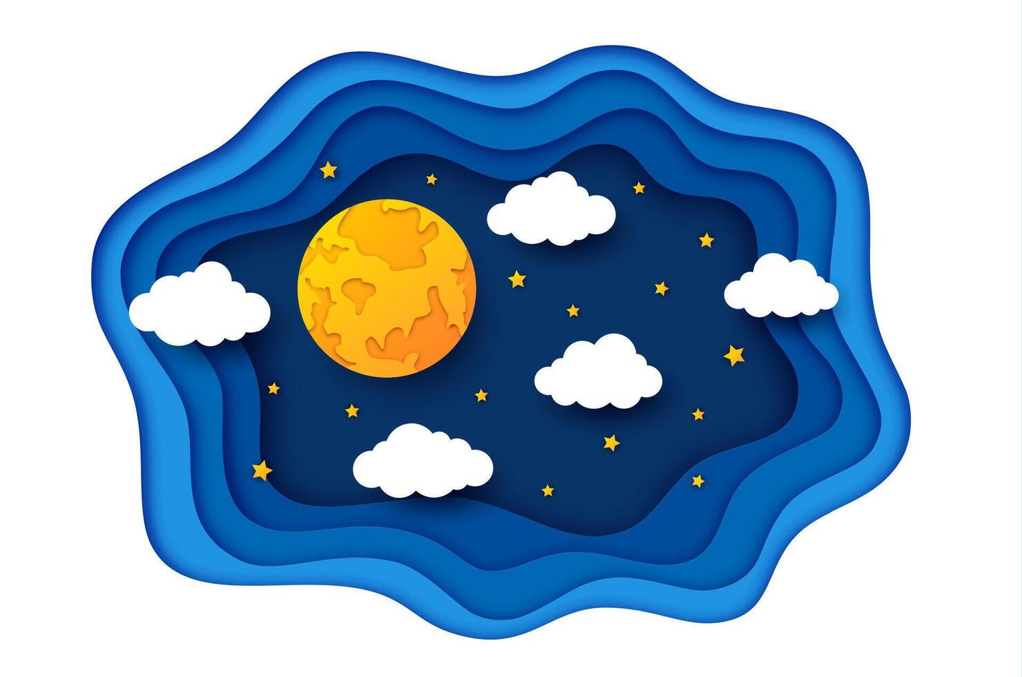 Night Moon sky, paper cut stars and clouds vector