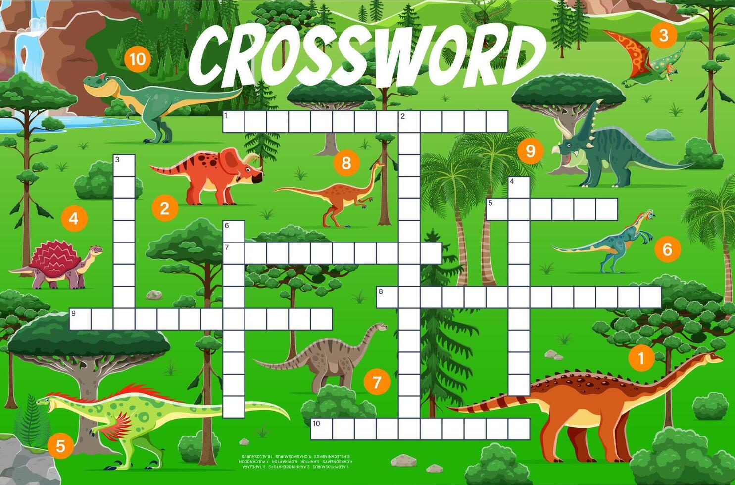 Crossword quiz game grid with cartoon dinosaurs vector