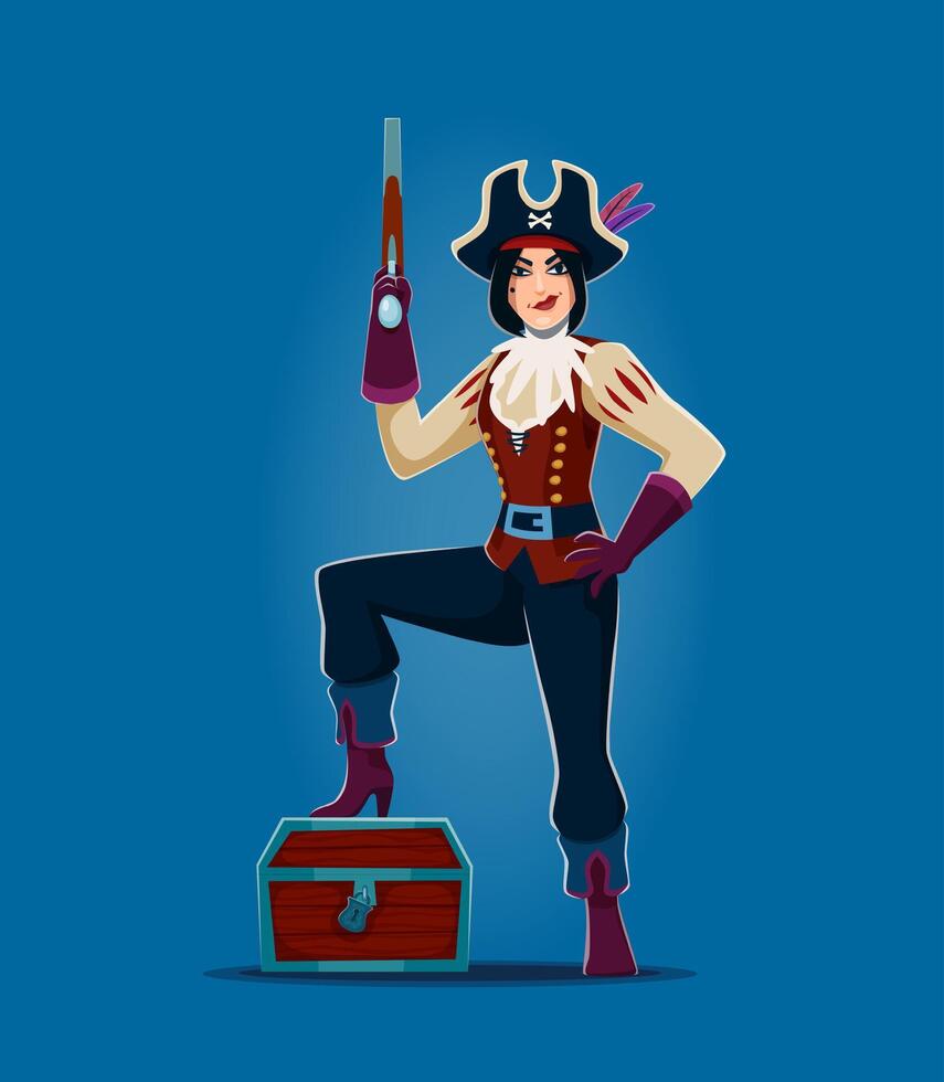 Cartoon pirate woman character holding a rifle vector