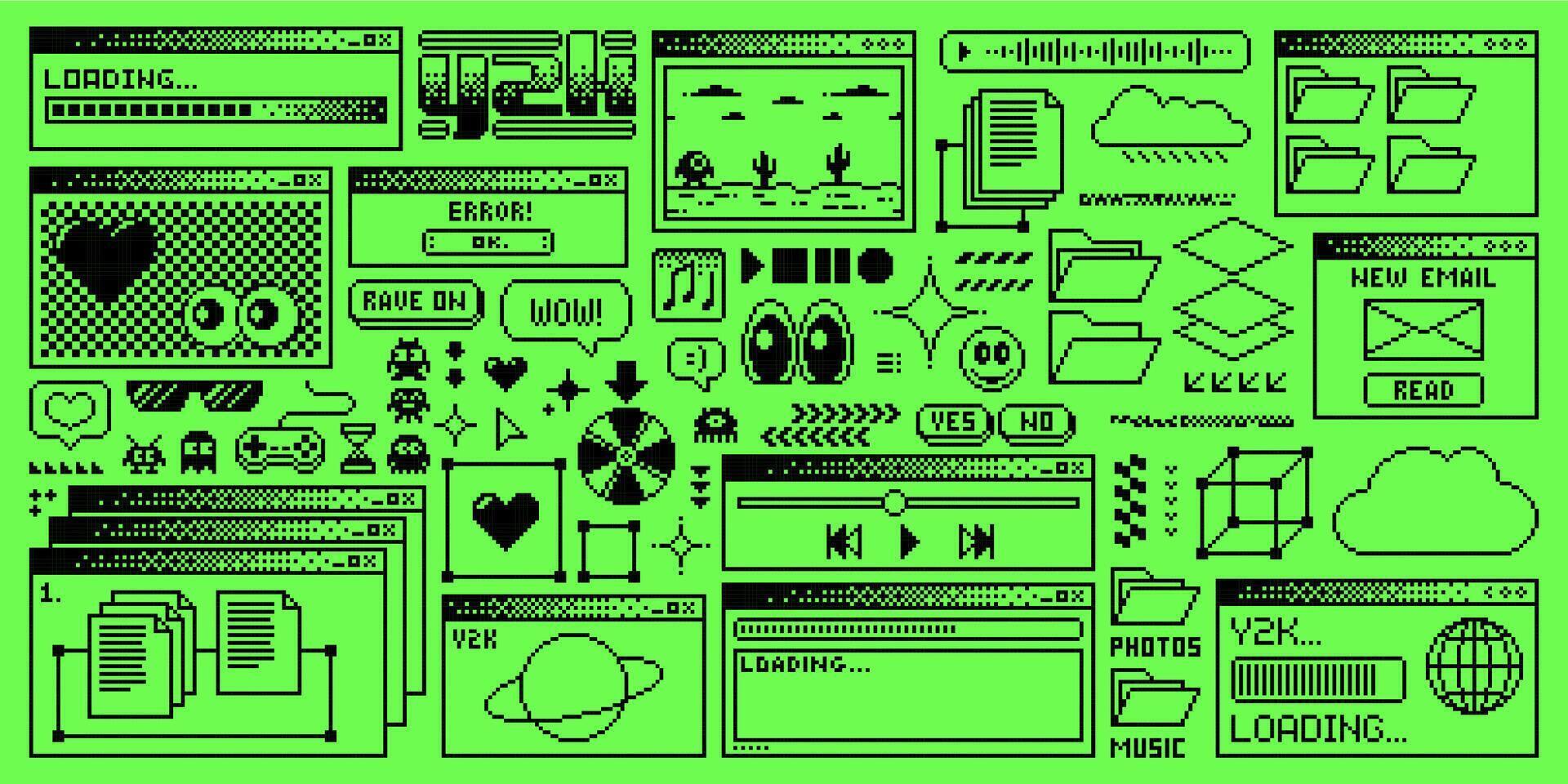 Rave Y2K computer window page acid green interface vector