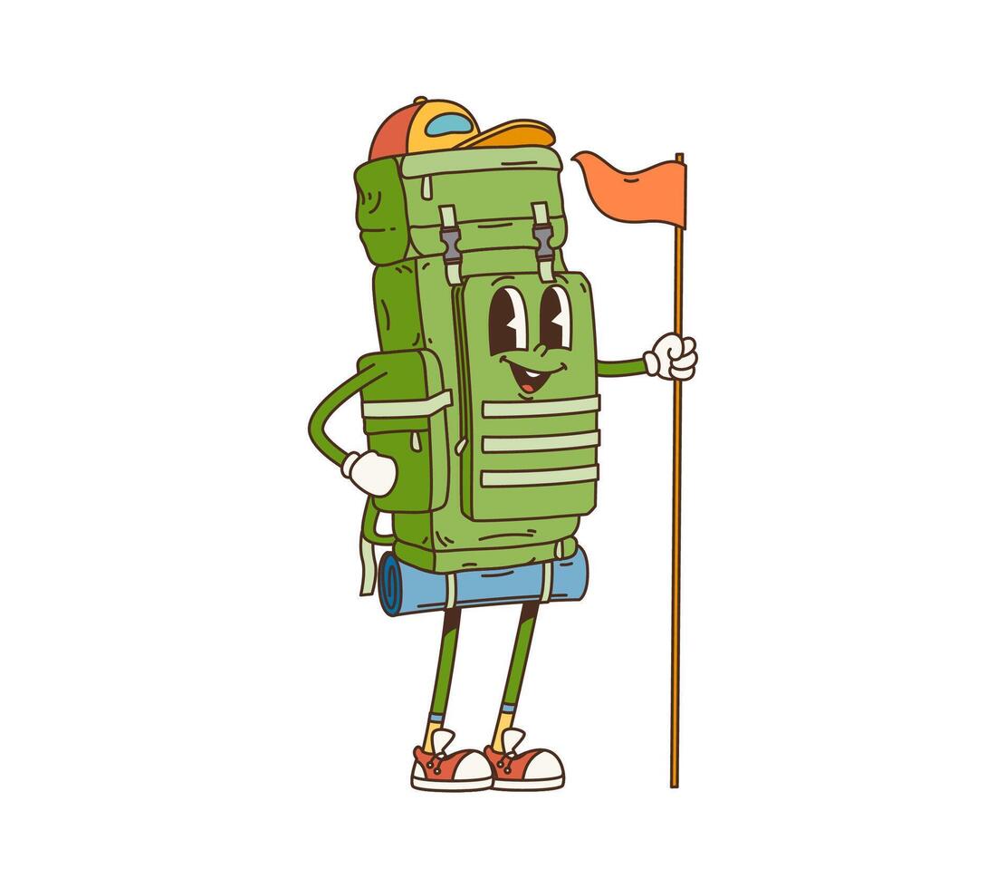 Cartoon backpack retro groovy travel character vector