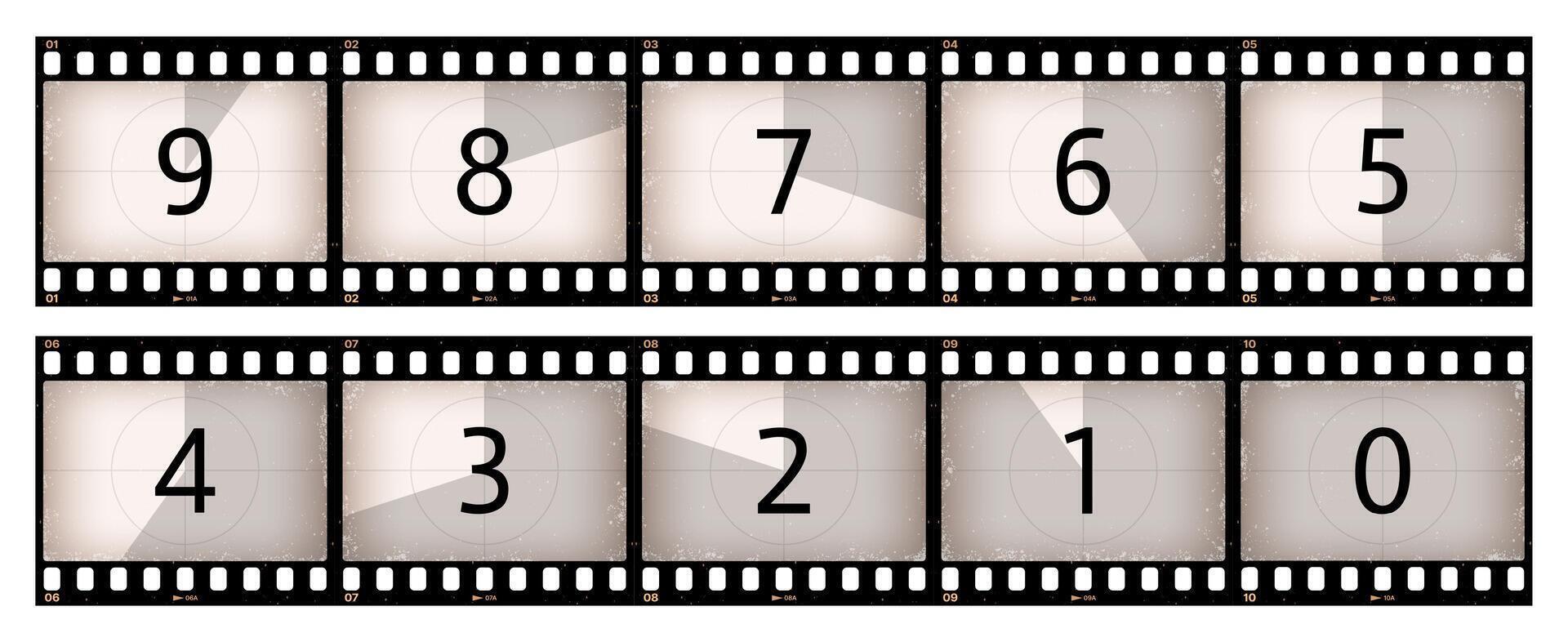 Movie countdown grunge film strip, count numbers vector