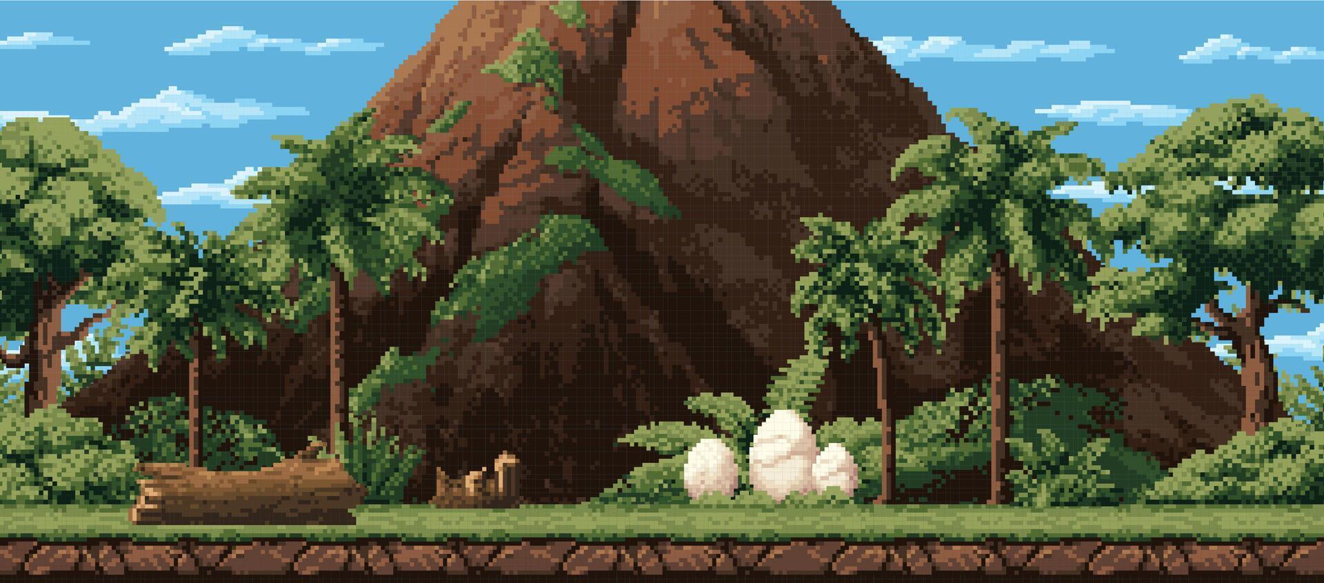 8 bit pixel game tropical forest volcano landscape vector