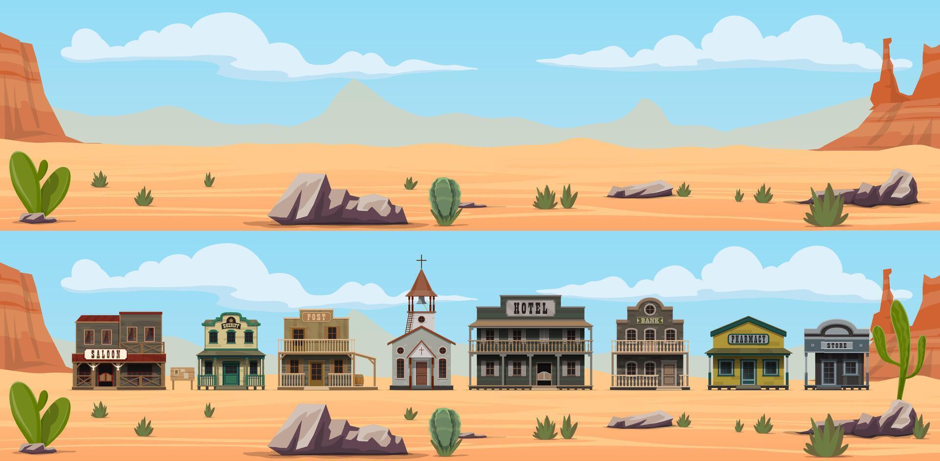 Desert landscape, Western Wild West town buildings vector