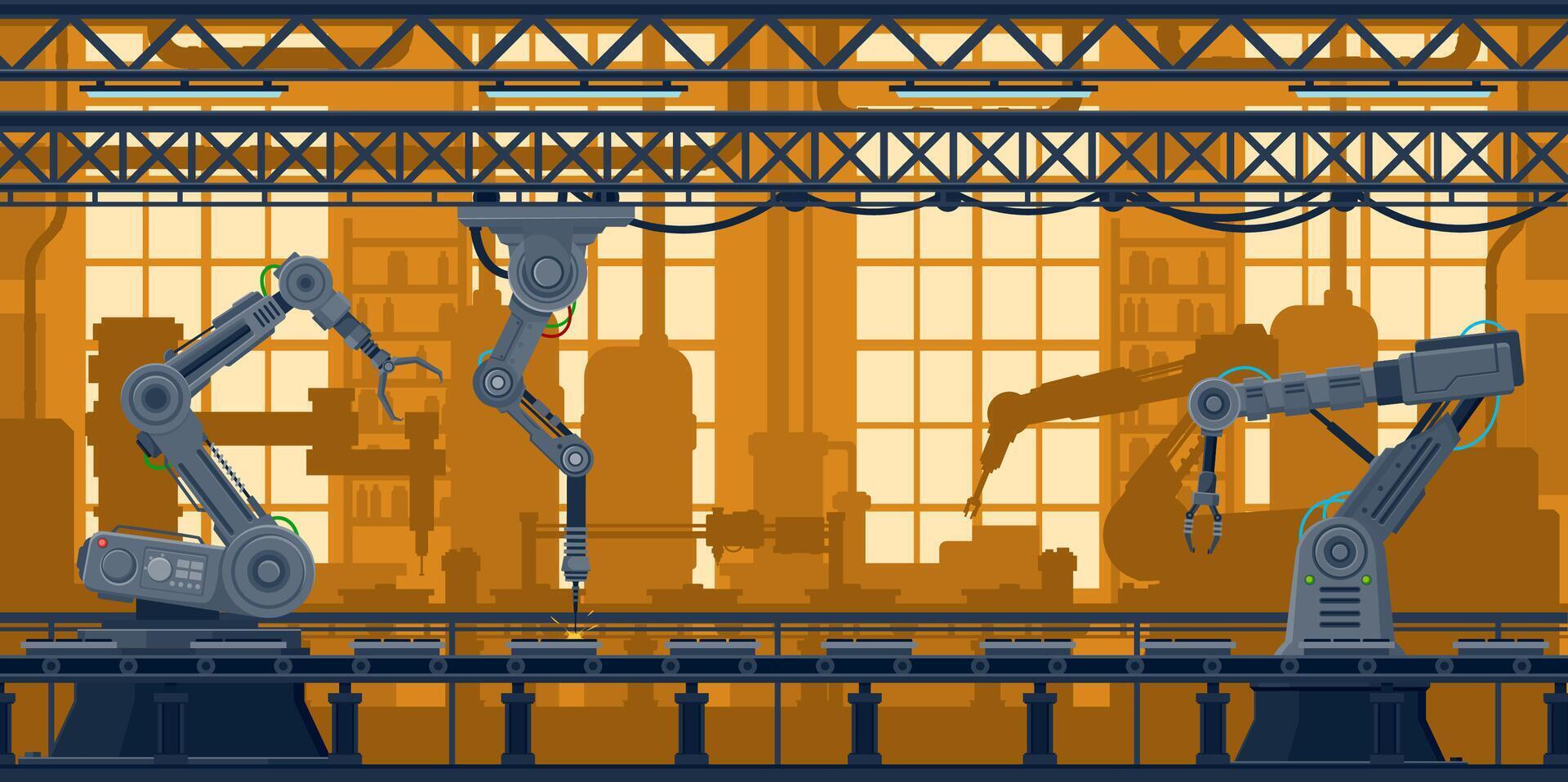 Factory conveyor line, computer robots technology vector