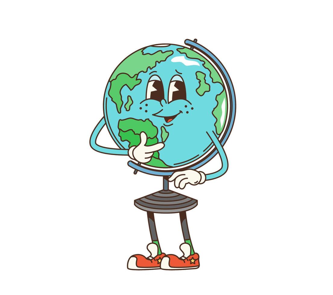 Retro groovy school earth globe funny character vector