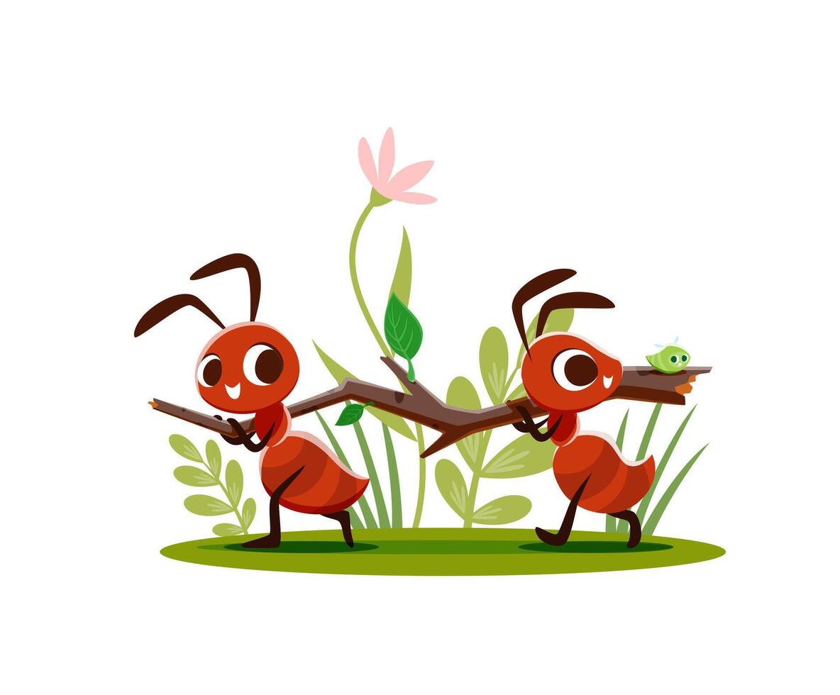 Cartoon ants carry tree branch, funny insects vector