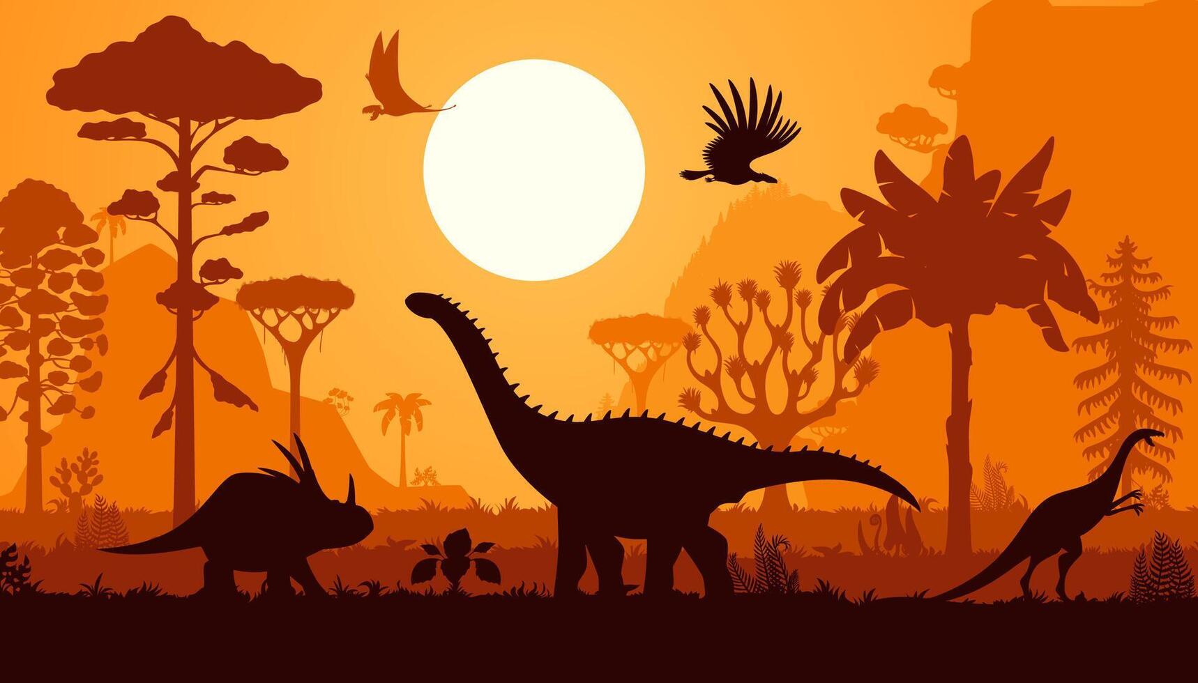 Dinosaur silhouettes, prehistoric scene vector
