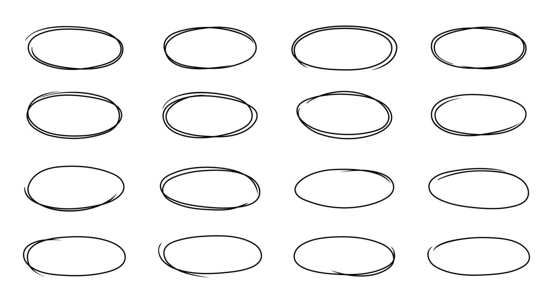 Oval sketch, black line ellipses drawings set vector