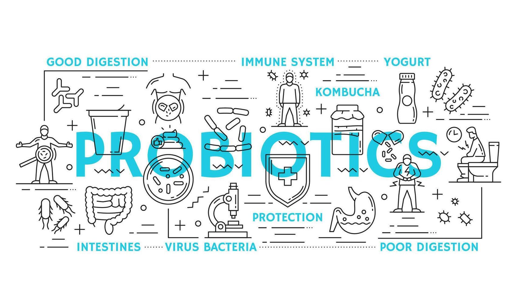 Intestine health and probiotics line icons vector