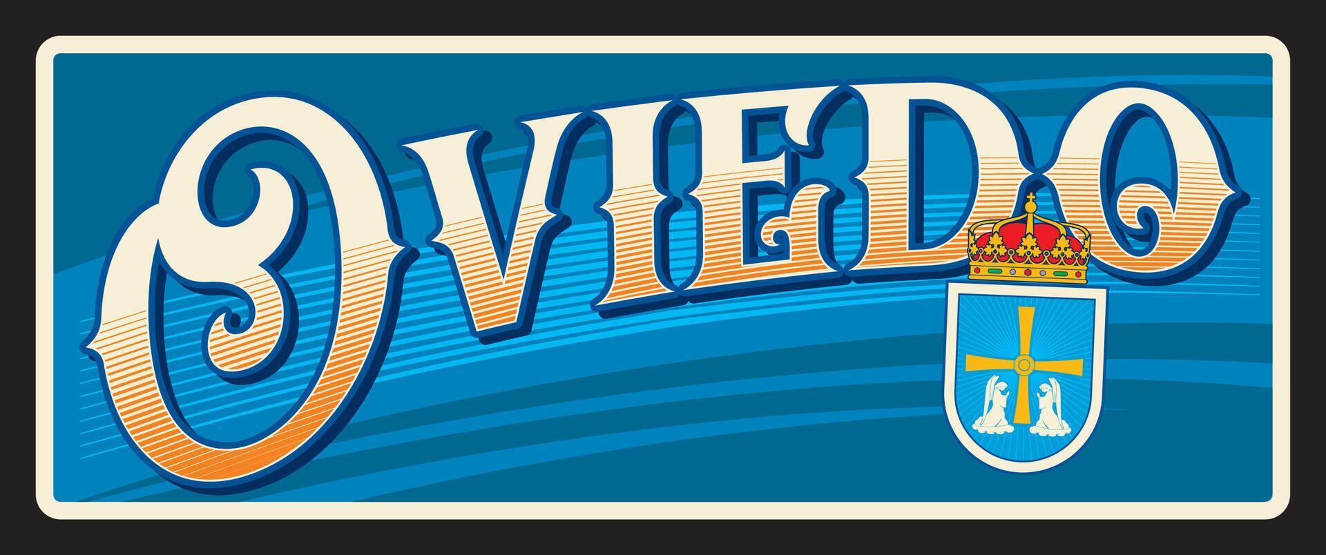 Oviedo Spanish city, retro travel plate vector