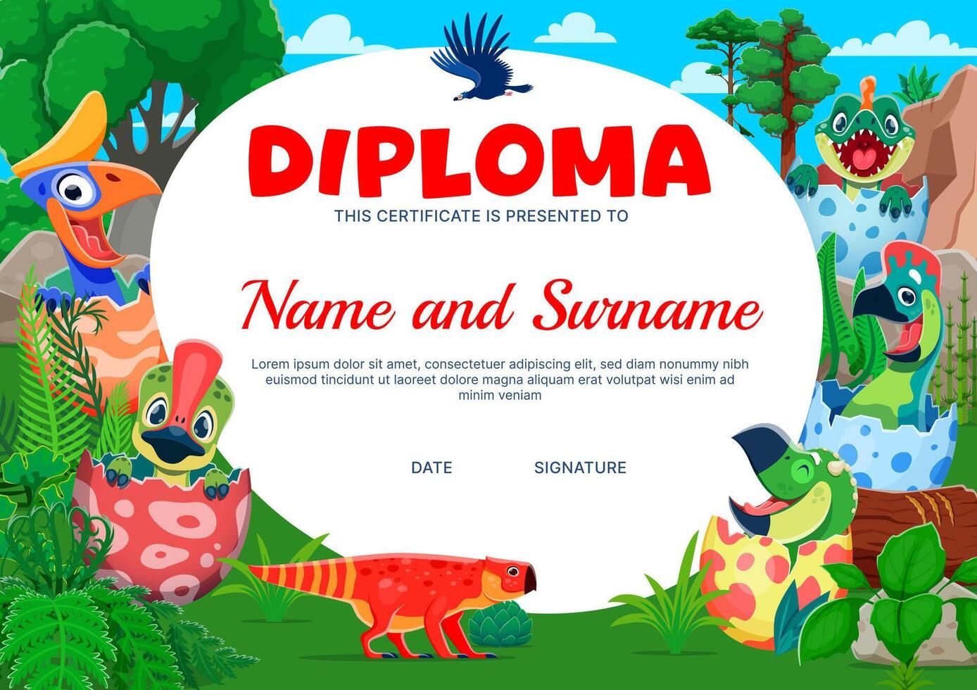 Kids diploma with funny dinosaurs kids in eggs vector