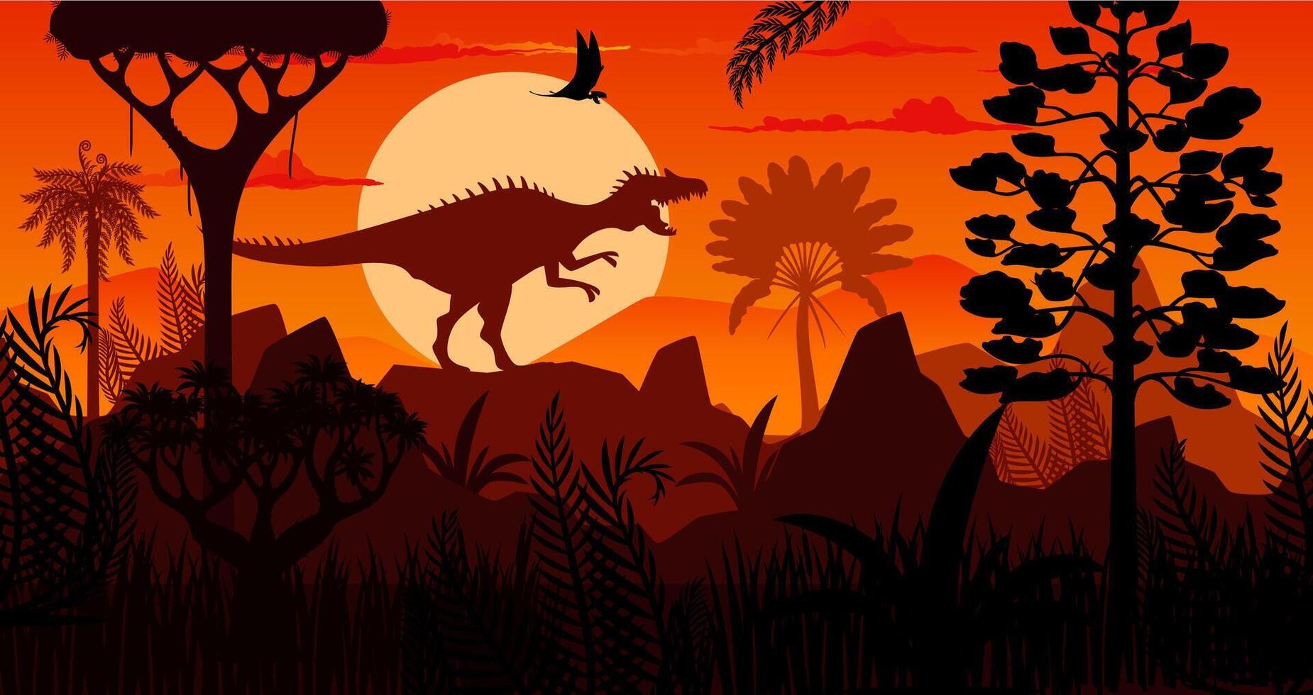 Prehistoric Spinosaurus dinosaur sunset silhouette vector