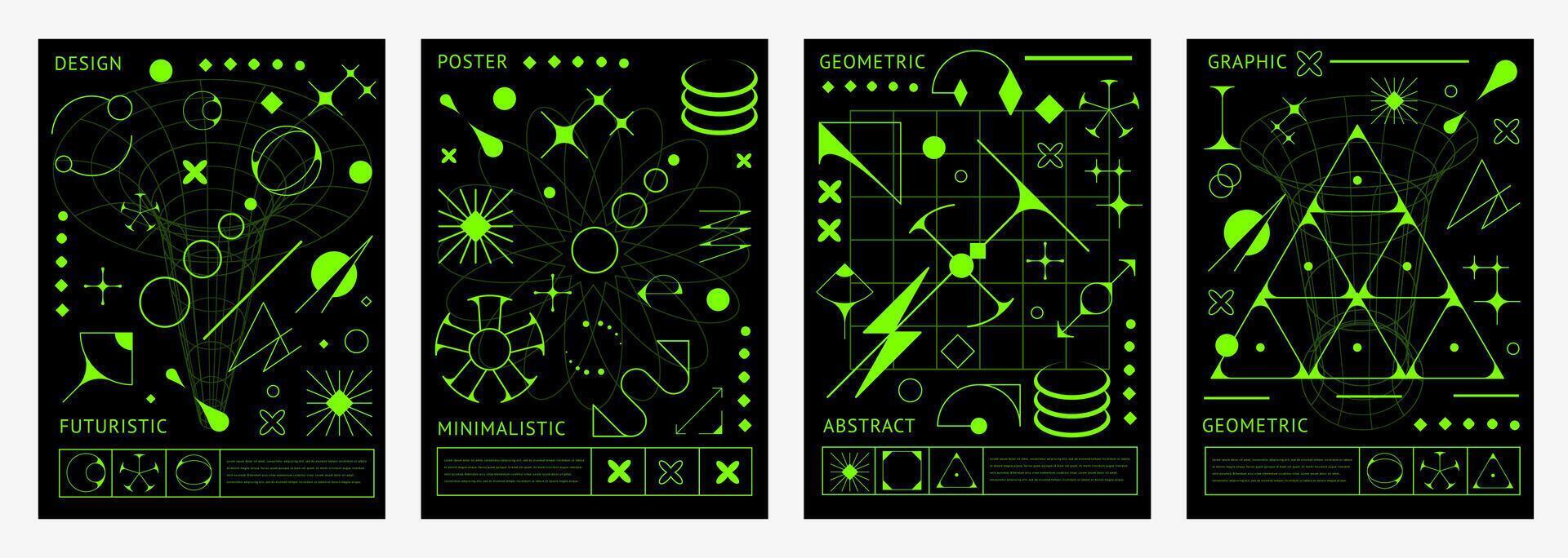 Acid brutal y2k posters, geometric shapes pattern vector