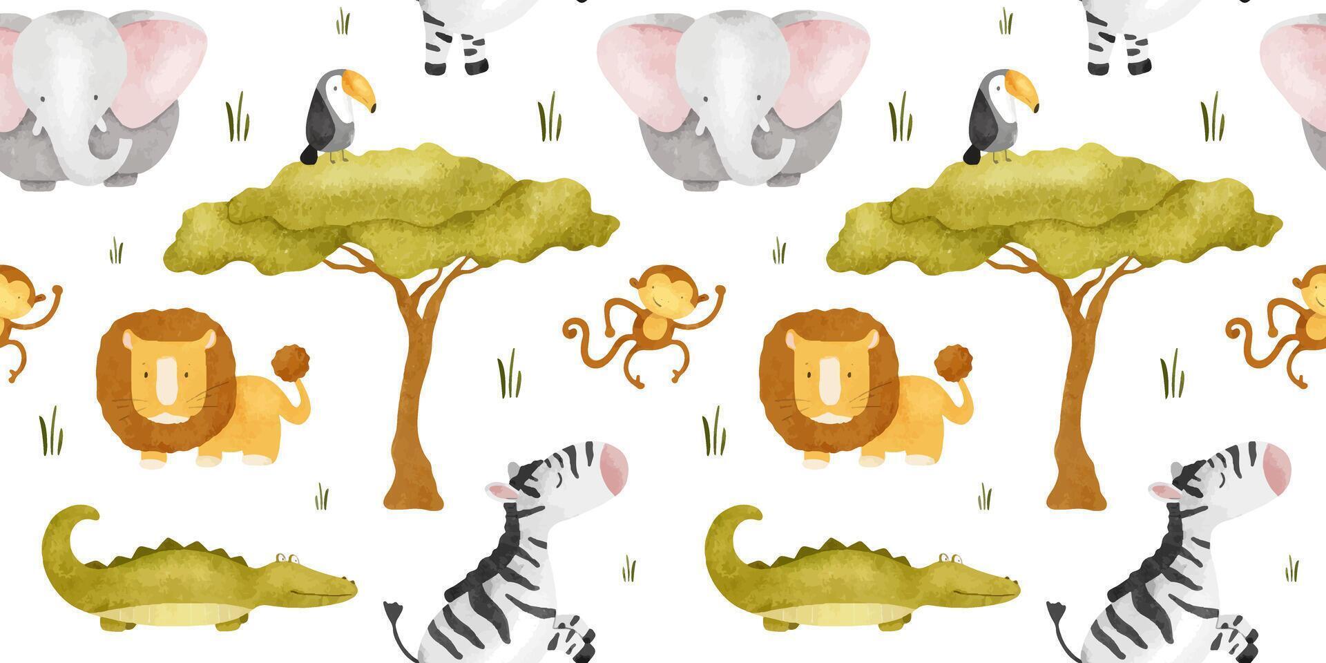 Cute baby African jungle animals Lion, zebra, crocodile, elephant, monkey, toucan. Watercolor seamless pattern. Childish background. Safari Print for design kid's goods, cards, fabric vector
