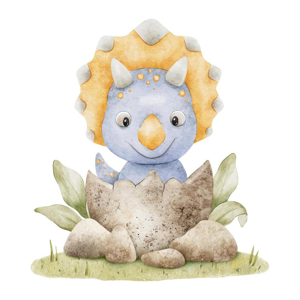 Cute baby dinosaur hatched from egg. Isolated hand drawn watercolor illustration of dino. Triceratops in nest for children's invitation cards, baby shower, decoration of kid's rooms, clothes. vector
