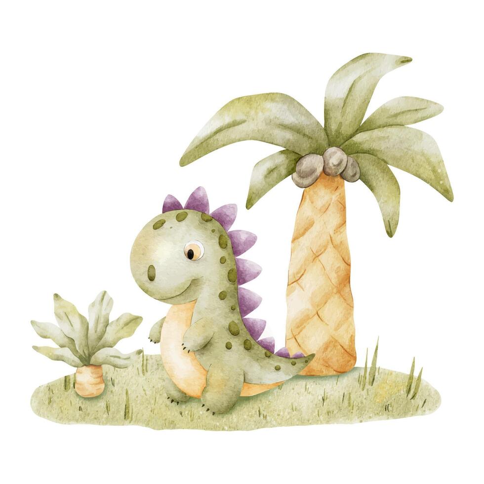 Green dinosaur and palms in meadow. Isolated hand drawn watercolor illustration of dino. Clipart of tyrannosaurus rex for children's invitation cards, baby shower, decoration of kid's rooms, clothes. vector