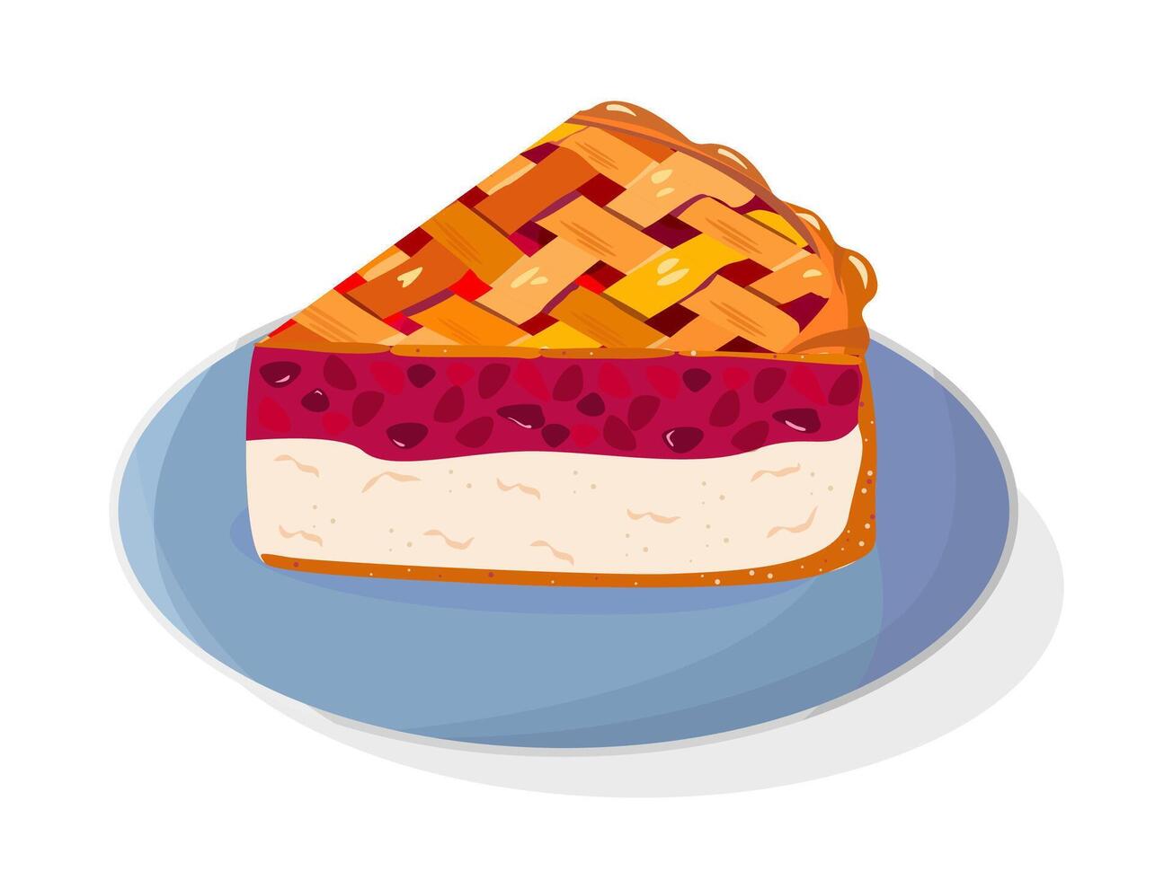 Braided piece pie with strawberries or cherry filling, with white base of cottage cheese. Ready dessert for cafe, menu. Cartoon-style illustration detailed isolated on white background vector