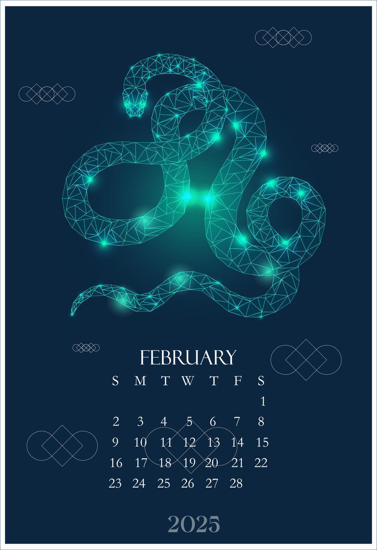 Calendar 2025 February month with illustration shining polygonal snake