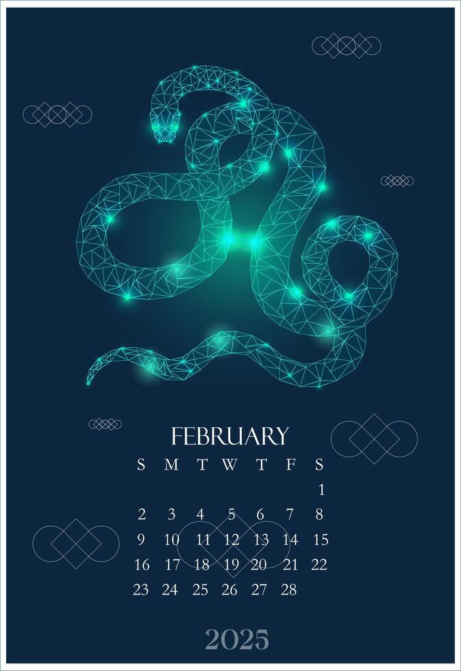 Calendar 2025 February month with illustration shining polygonal snake, modern stylish blue banner, a separate planer sheet. Winter one month design vector