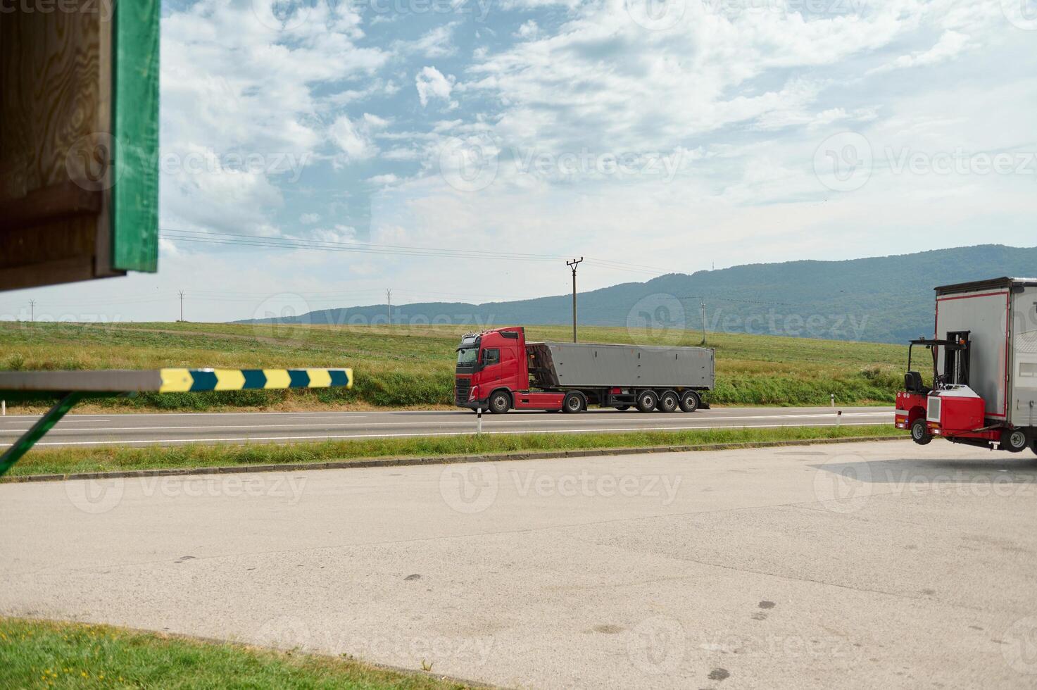 A truck on the parking on the road in Carpathian mountains. Slovakia. Copy ad space photo