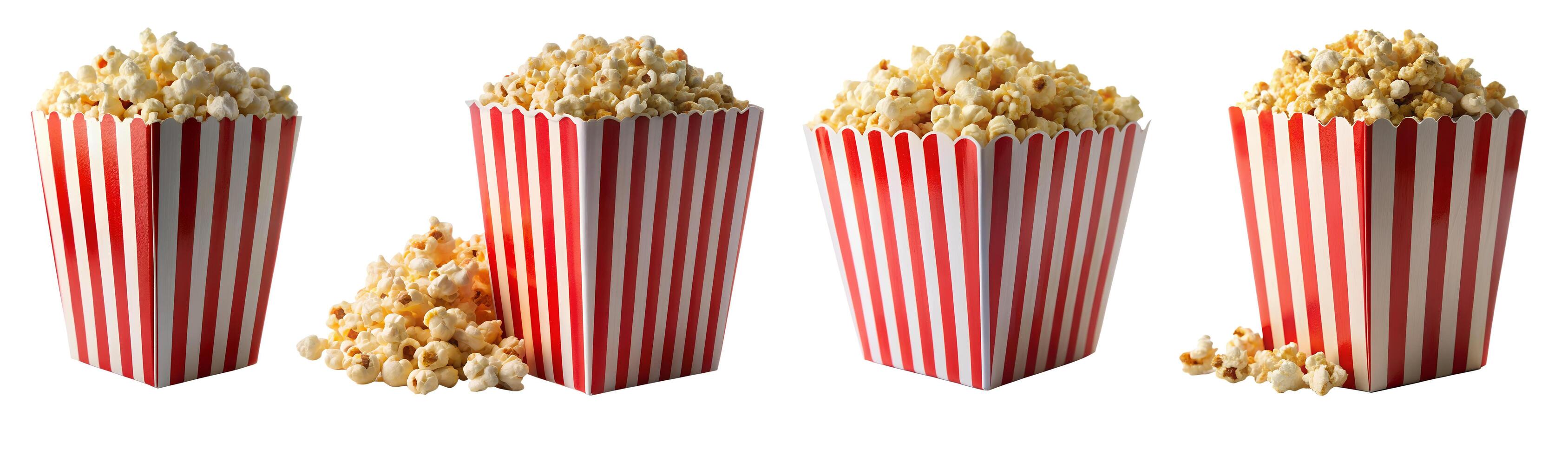 A set of buckets with delicious popcorn on a white background. photo