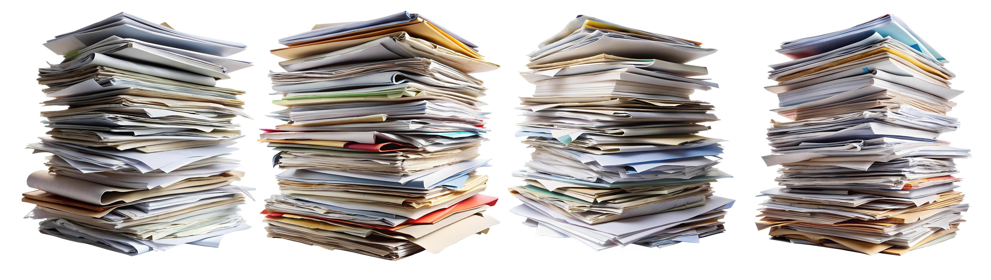 A large stack of cluttered folders on a white background. photo