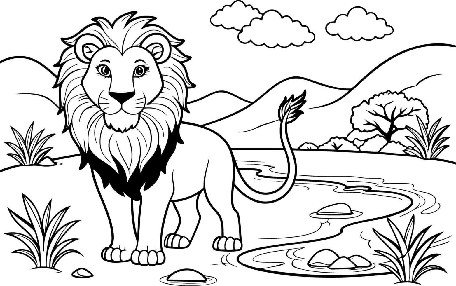 Lion Near River Coloring Page - Simple Outline vector