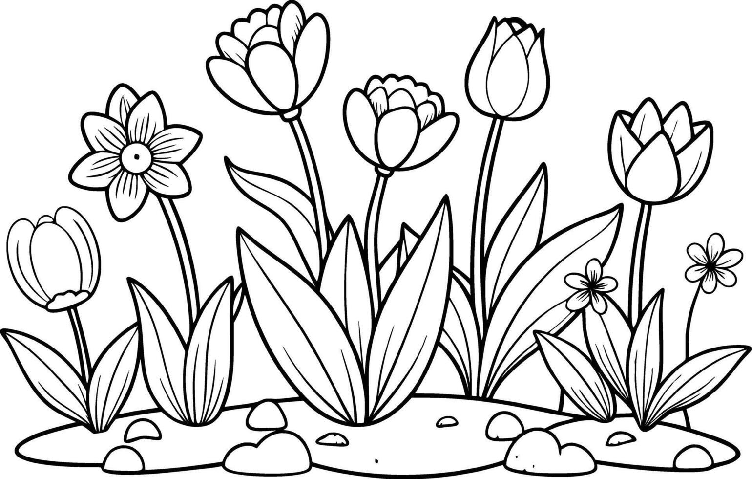 Tulips Flowers Coloring Page for Kids - Simple Outline vector