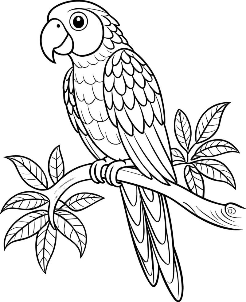 Parrot on Branch Coloring Page for Teens - Simple Outline vector