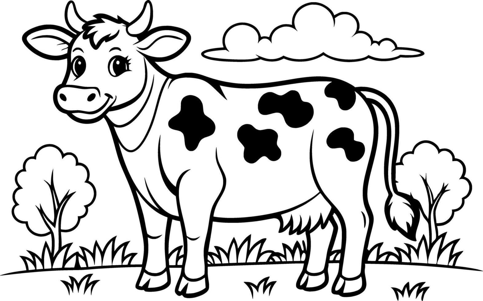 Cow in a Meadow Coloring Page - Simple Outline vector