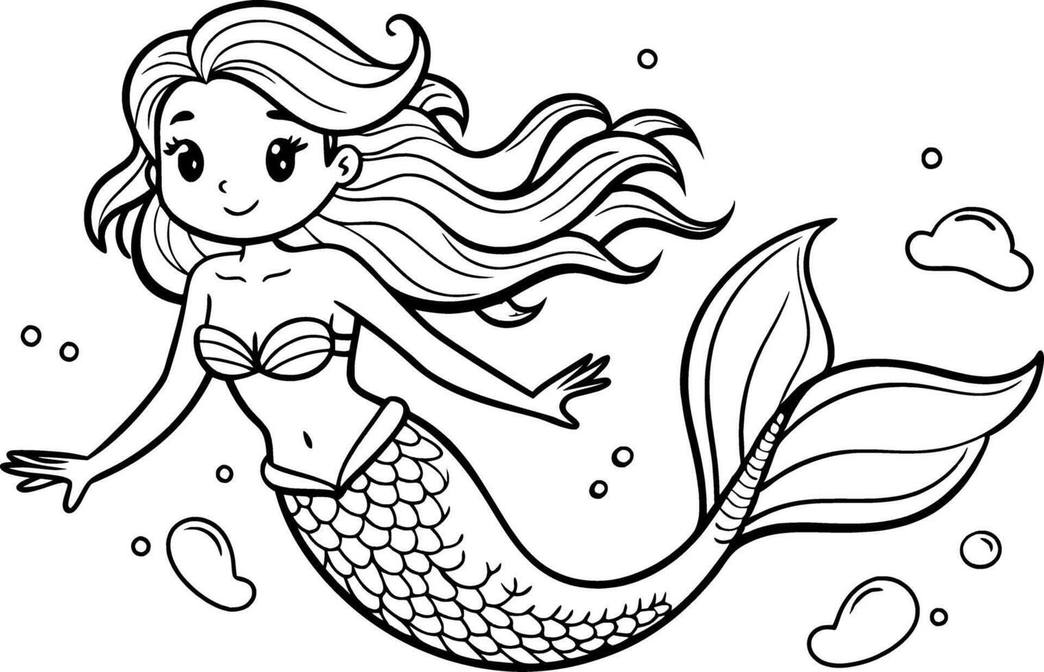 Mermaid Swimming in the Ocean Coloring Page - Simple Outline vector
