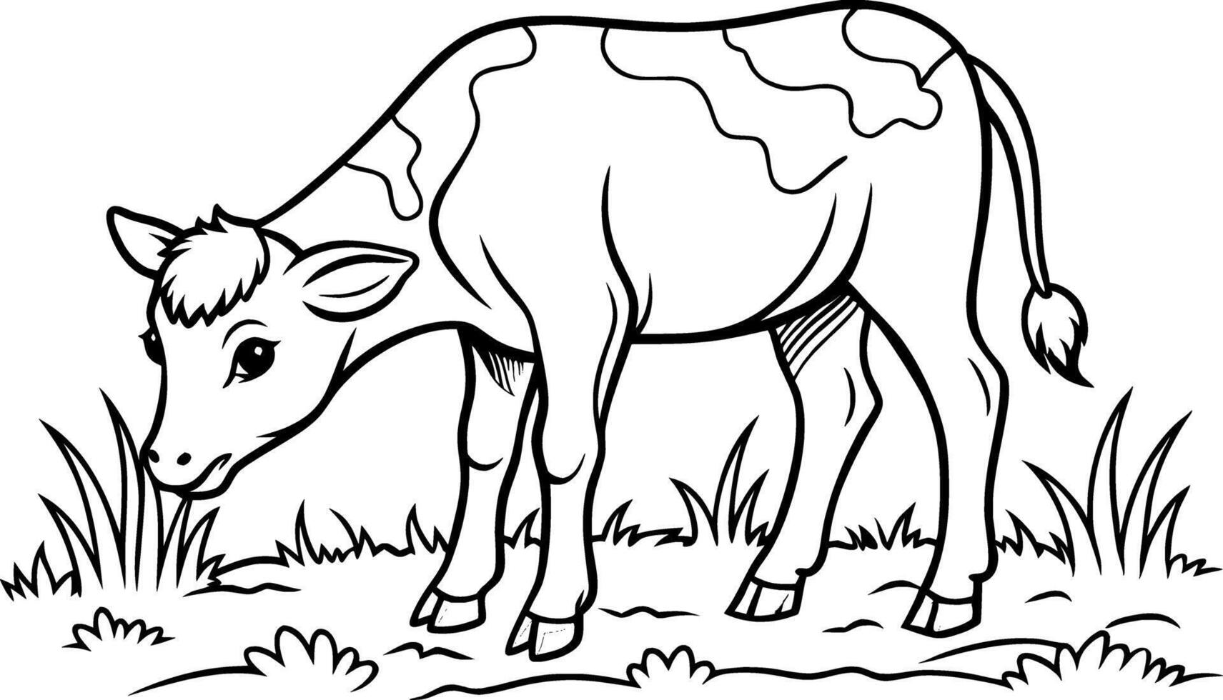 Calf Grazing in a Field Coloring Page - Simple Outline vector