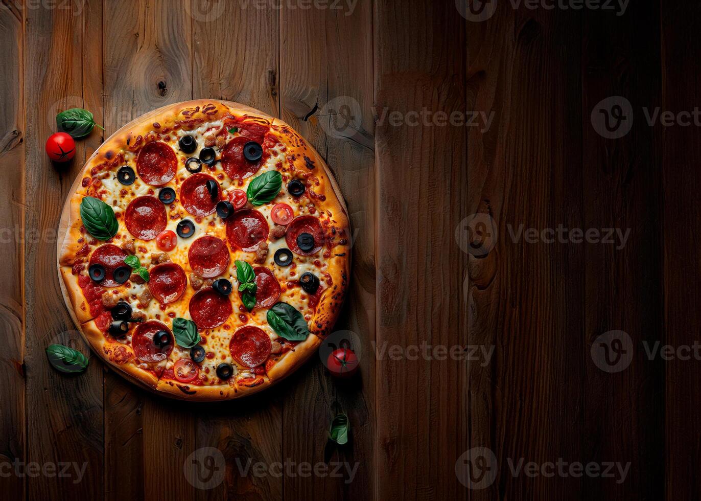 A pizza with tomato, cheese, olives and pepperoni slices on it sits on a wooden table photo