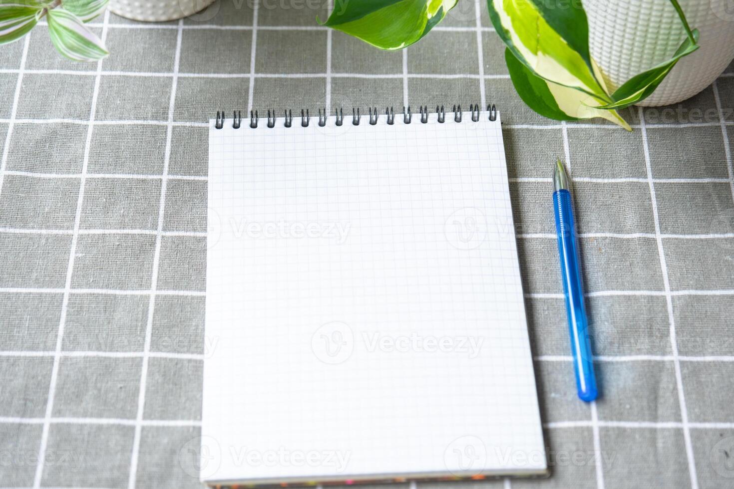 An empty mock up notebook with a pen on a table with home potted plants. Recording recommendations for plant care photo