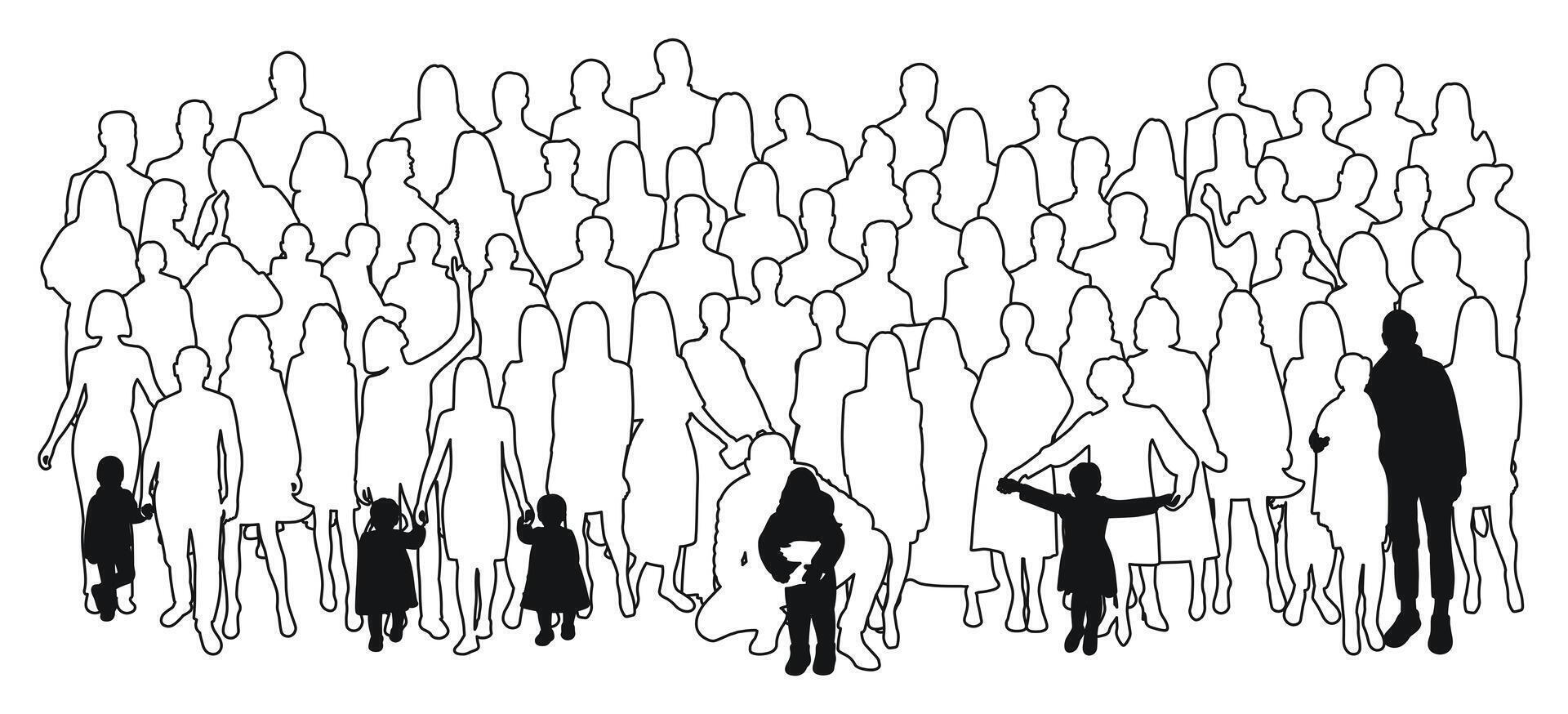 Image of a crowd silhouette, a group of people with children vector