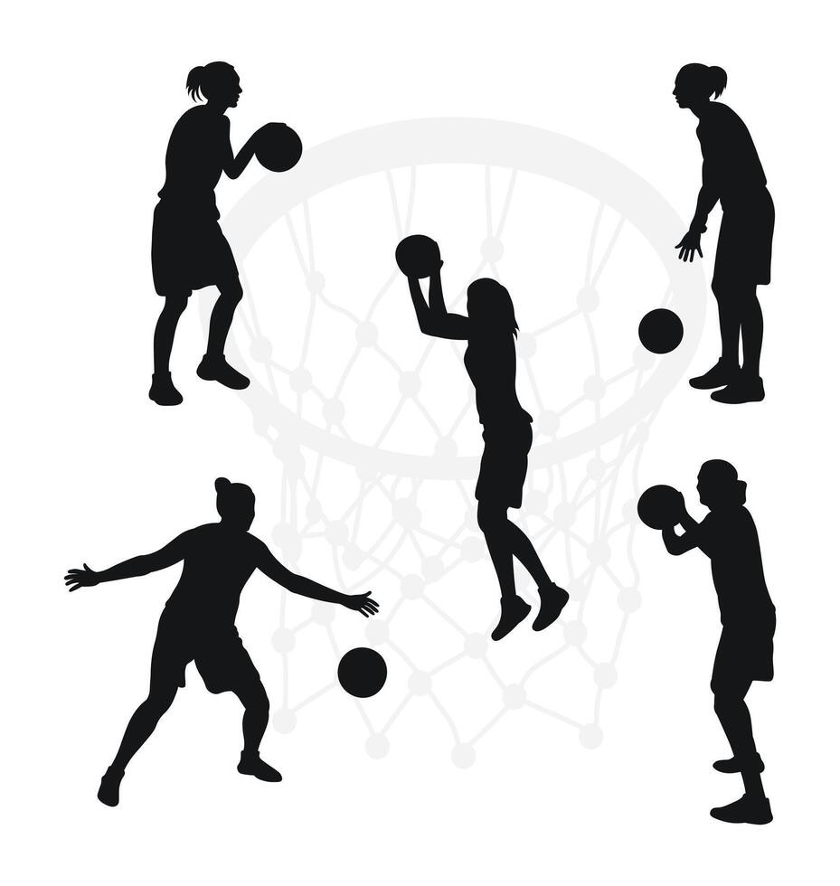 Basketball players in ball game, black silhouette vector