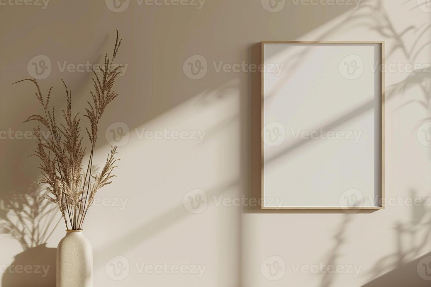 Square frame mockup close up on wall painted beige color 3d render photo
