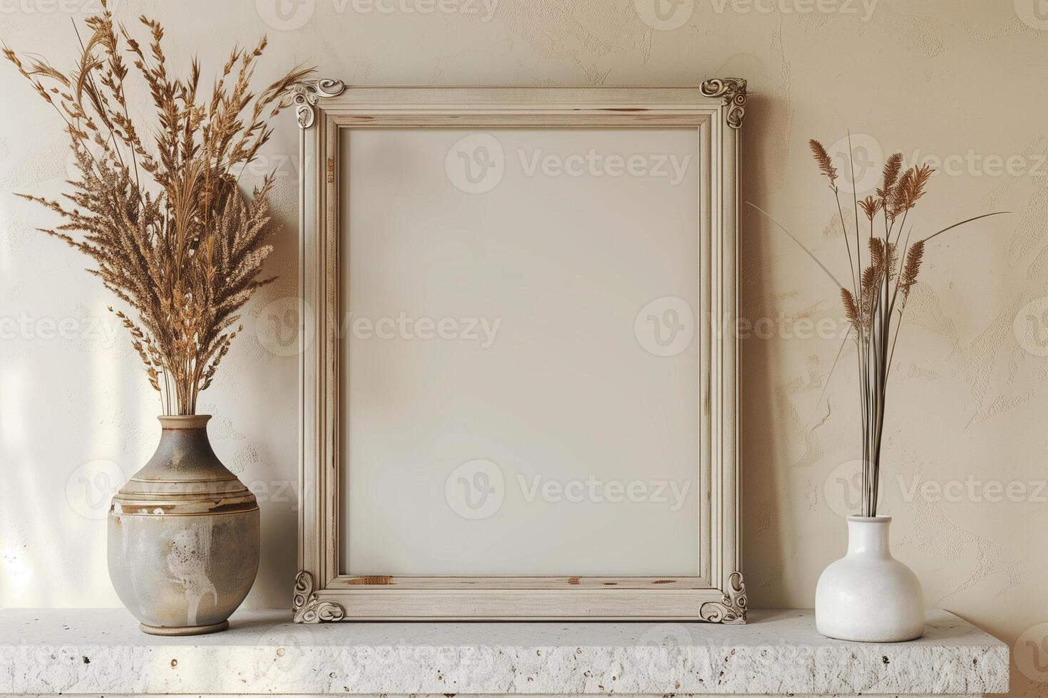 Square frame mockup close up on wall painted beige color 3d render photo
