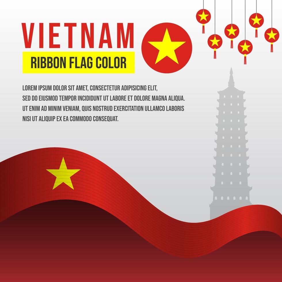 Vietnam ribbon flag with Bai Dinh Pagoda silhouette and decoration vector