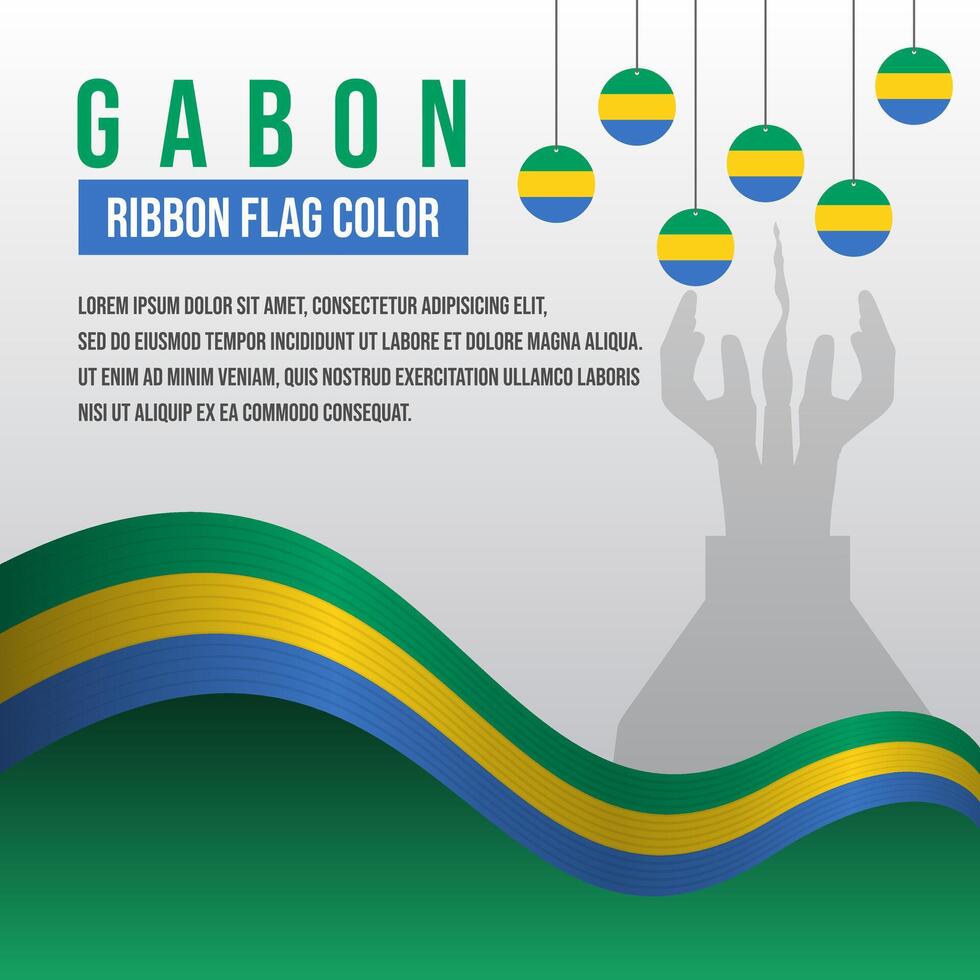Gabon ribbon flag with The Flame of Peace sculpture silhouette and decoration vector