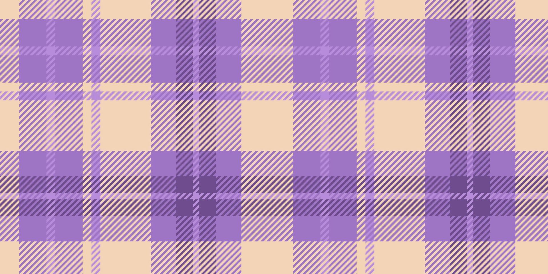 Seamless tartan pattern in purple and lavender tones with soft yellow details. The plaid design features intersecting lines and squares, creating a classic and fashionable textile look vector